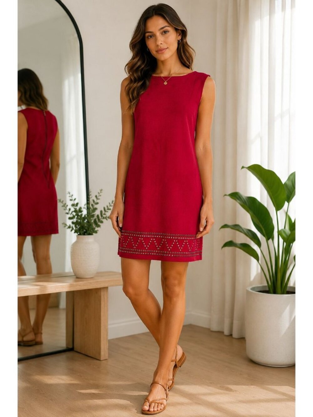 Spencer Jeremy Red Studded Sheath Dress Women's Size 8 Faux Suede Midi